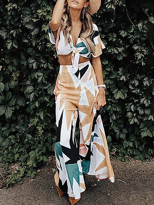 Women's Sets Printed Crop Top & Trousers Casual Two-Piece Suit