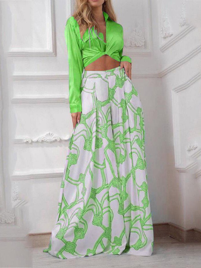 Women's Sets Printed Lace-Up Shirt & Wide Leg Pants Two-Piece Set