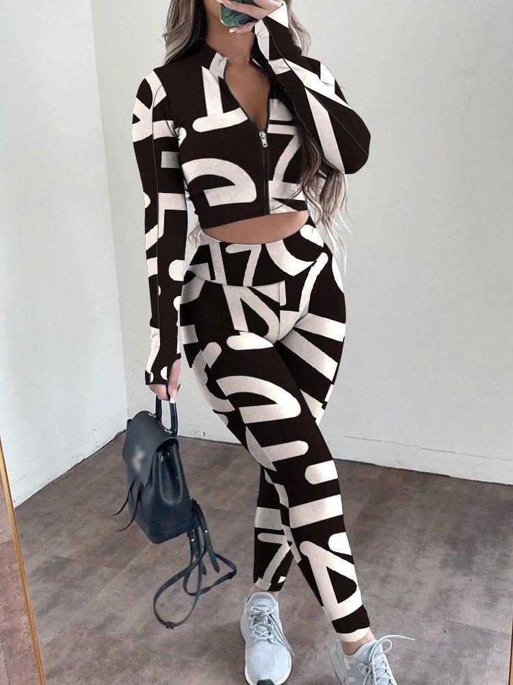 Women's Sets Printed Stand Collar Zipper Crop Top & High Waist Trousers Two-Piece Suit