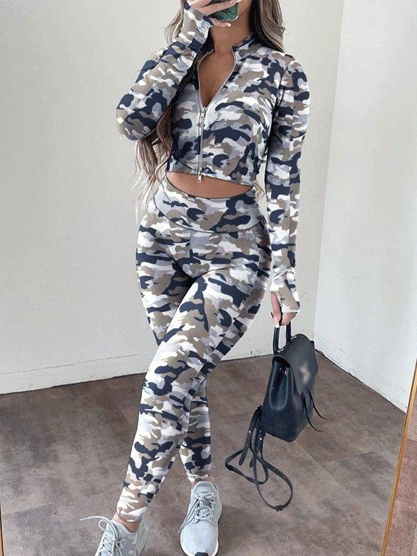 Women's Sets Printed Stand Collar Zipper Crop Top & High Waist Trousers Two-Piece Suit