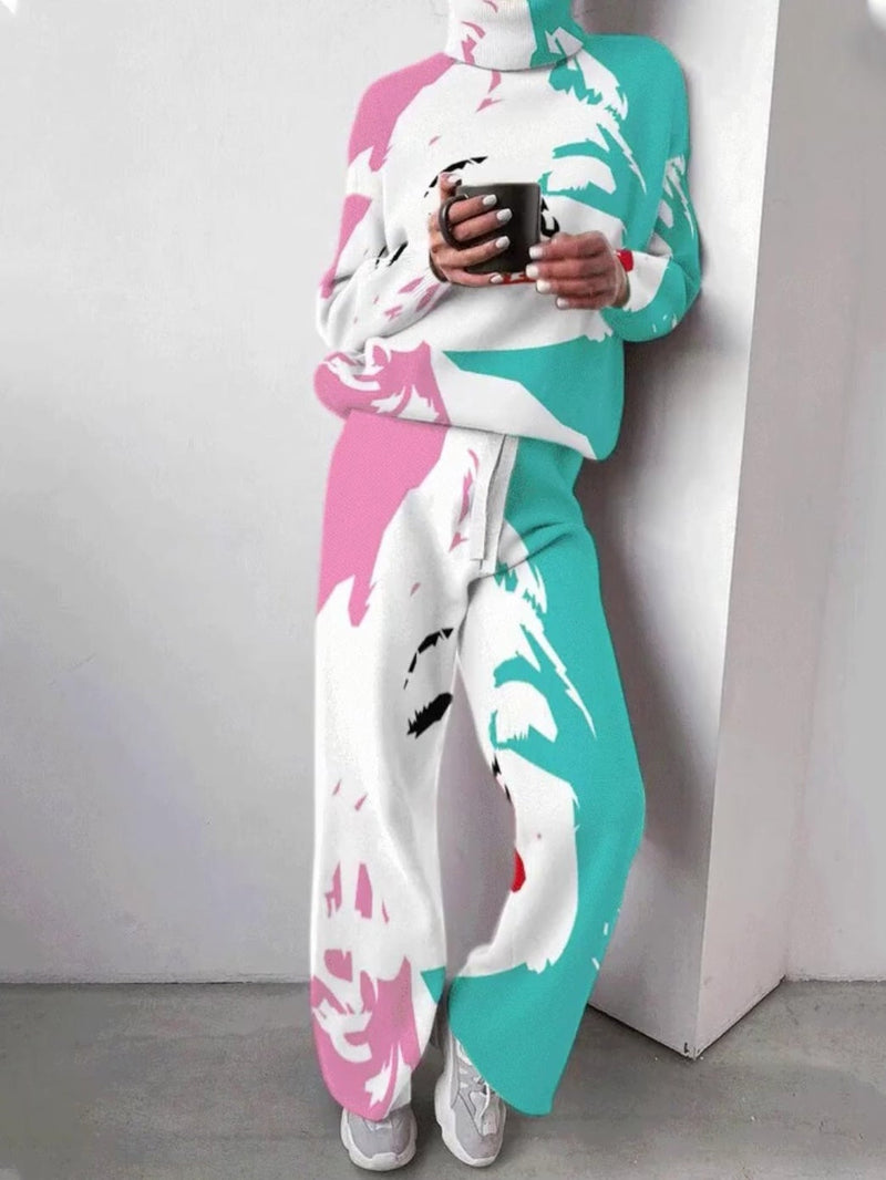 Women's Sets Printed Turtleneck Long Sleeve Wide Leg Pants Two Piece Set