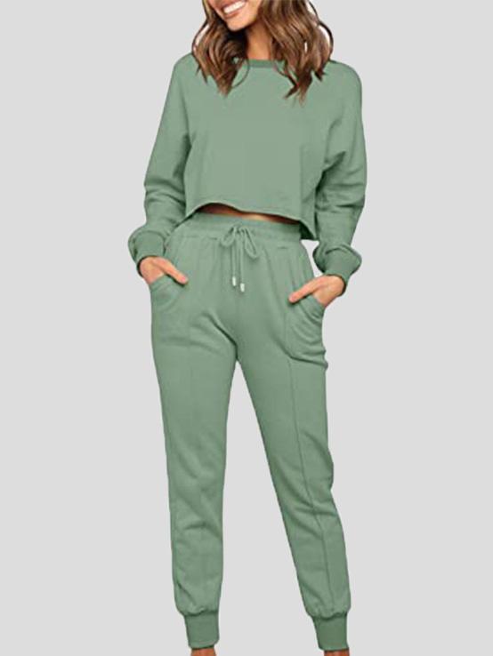 Women's Sets Round Neck Drawstring Pocket Long Sleeve Trousers Sports Suit