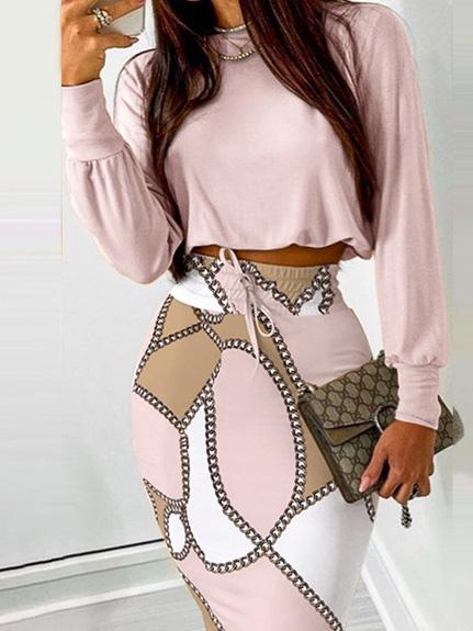 Women's Sets Round Neck Long Sleeve Crop Top & Drawstring Skirt Two-Piece Suit