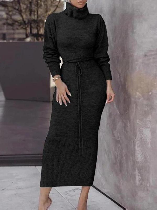 Women's Sets Simple High Neck Long Sleeve Top & Knitted Skirt Two-Piece Suit