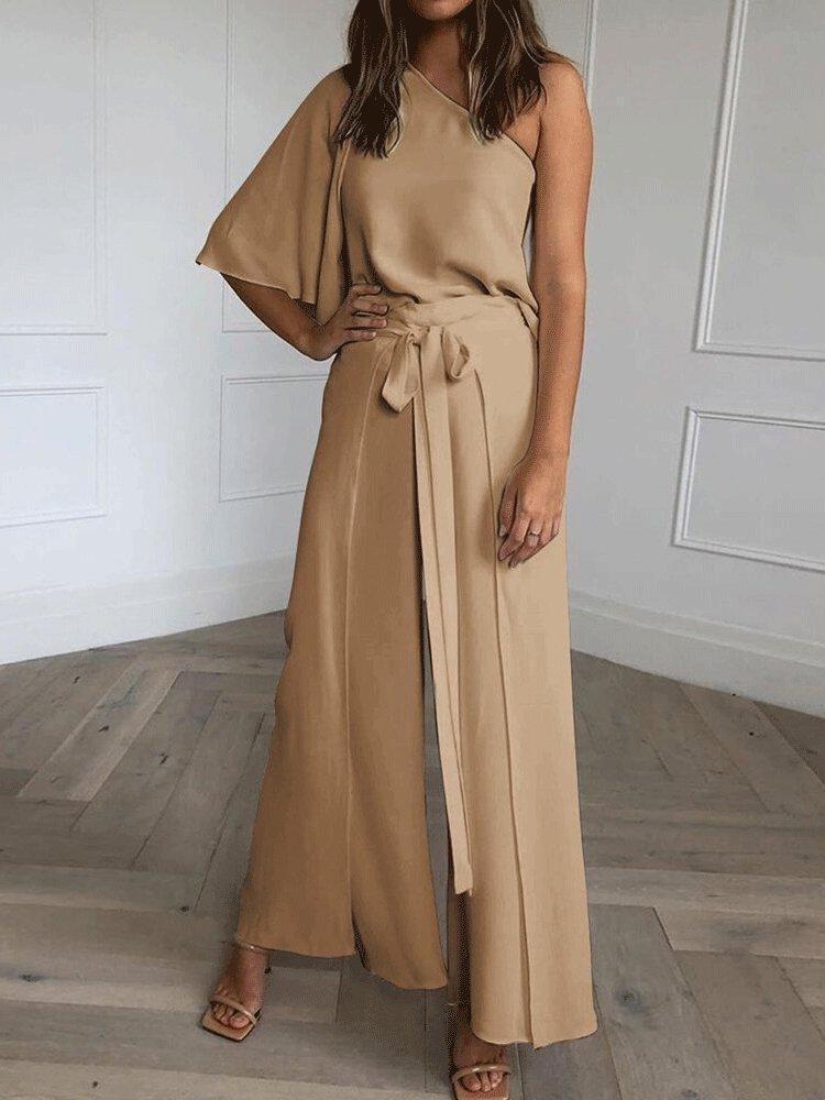 Women's Sets Sloping Shoulder Top & Belted Wide-Leg Pants Two-Piece Suit