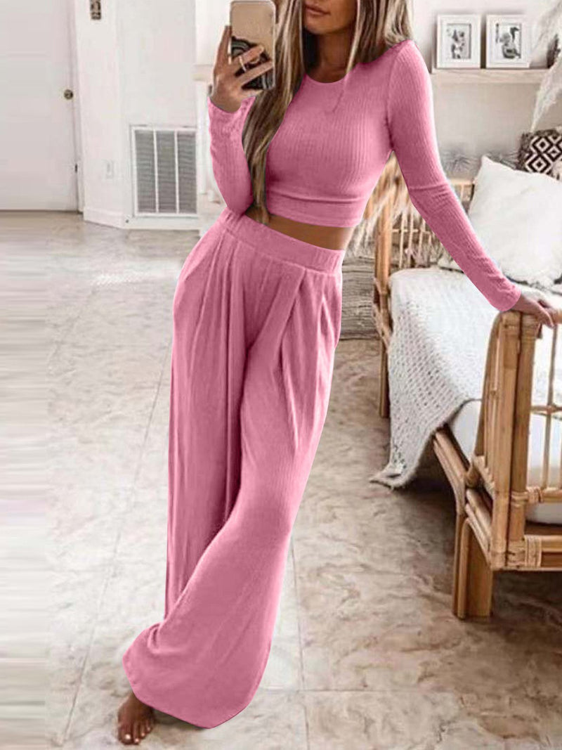 Women's Sets Solid Long Sleeve Crop Top & Trousers Two-Piece Suit