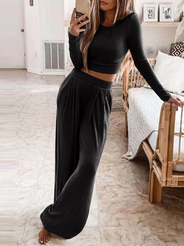 Women's Sets Solid Long Sleeve Crop Top & Trousers Two-Piece Suit