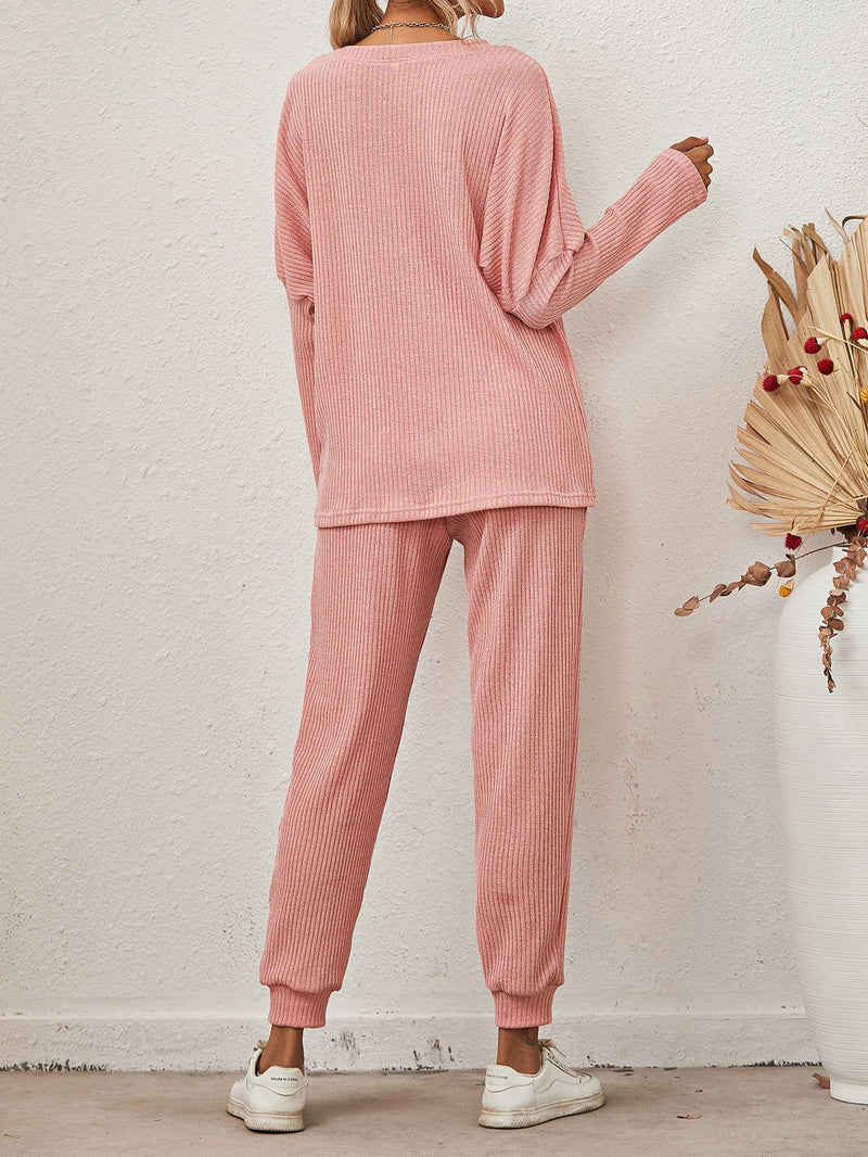 Women's Sets Solid Long Sleeve Top & Pants Casual Two-Piece Set