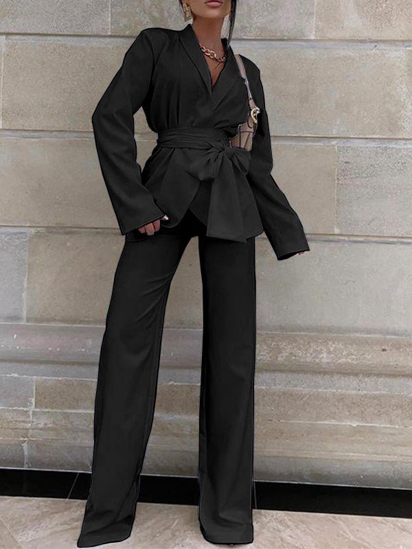 Women's Sets Solid Tie Long Sleeve Blazers & Pants Two-Piece Set