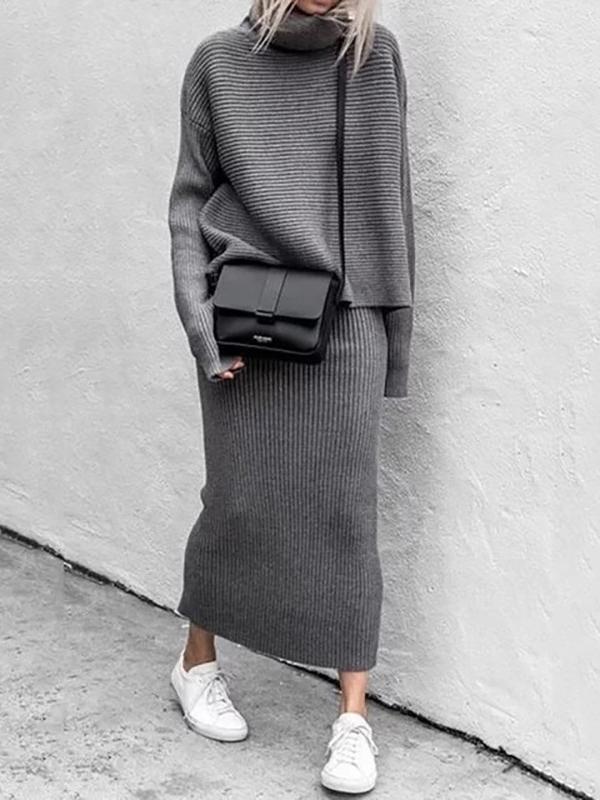 Women's Sets Turtleneck Long Sleeve Sweater & Knitted Skirt Two-Piece Suit