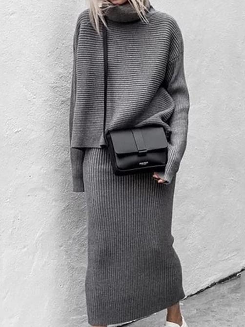 Women's Sets Turtleneck Long Sleeve Sweater & Knitted Skirt Two-Piece Suit