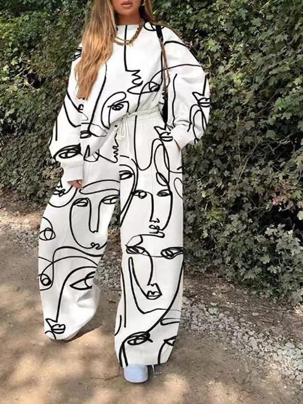 Women's Sets Two-Piece Casual Round Neck Loose Printed Elasticated Trousers