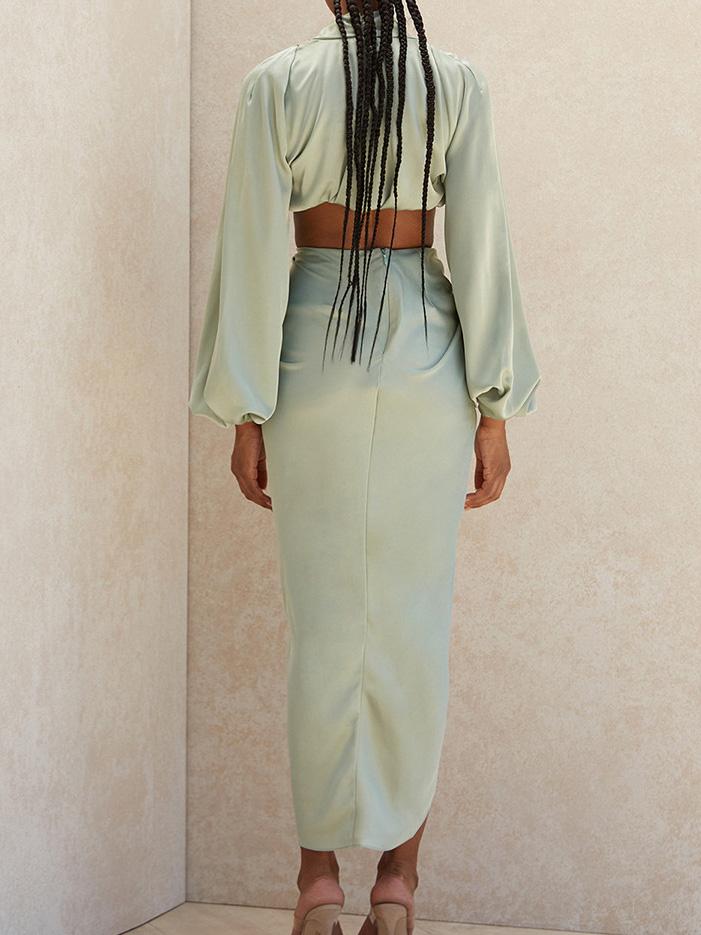Women's Sets Two-Piece Suit Crop Long Sleeve Blouse Split Long Skirt