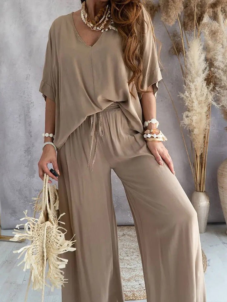 Women's Sets V-Neck Doll Sleeve Top & Pants Two-Piece Set