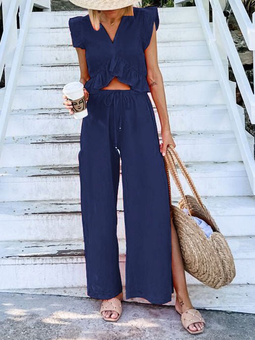 Women's Sets V-Neck Ruffled Top & Wide Leg Pants Two-Piece Set