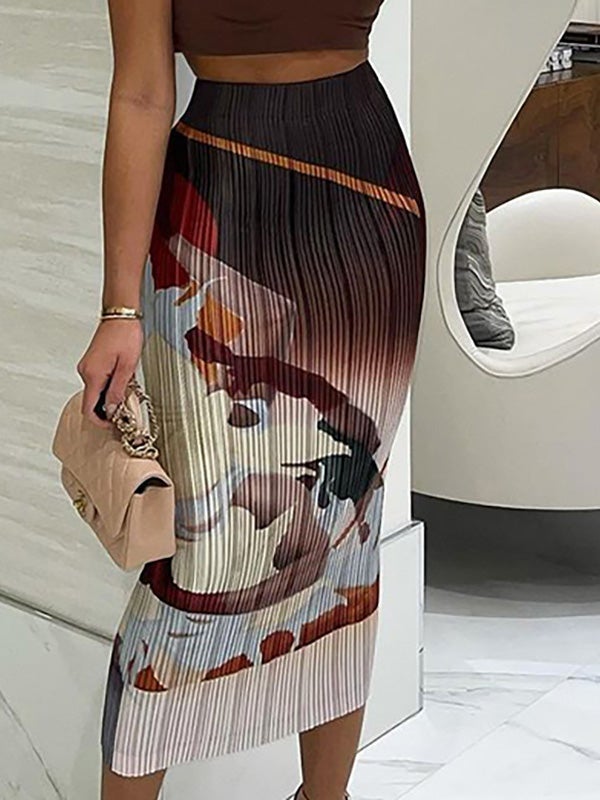 Women's Skirts Casual Printed Pleated Slim Elastic Long Skirt