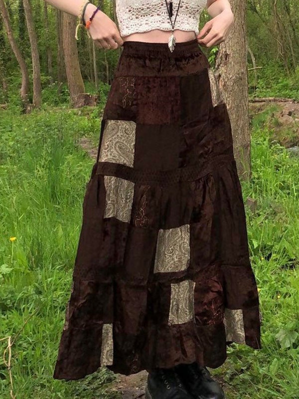 Women's Skirts Retro Contrast Stitching Velvet Long Skirt