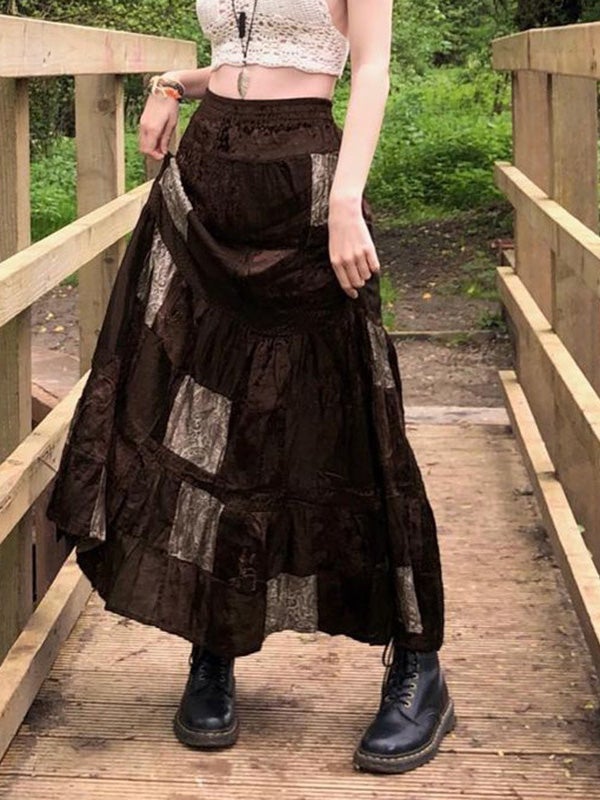 Women's Skirts Retro Contrast Stitching Velvet Long Skirt