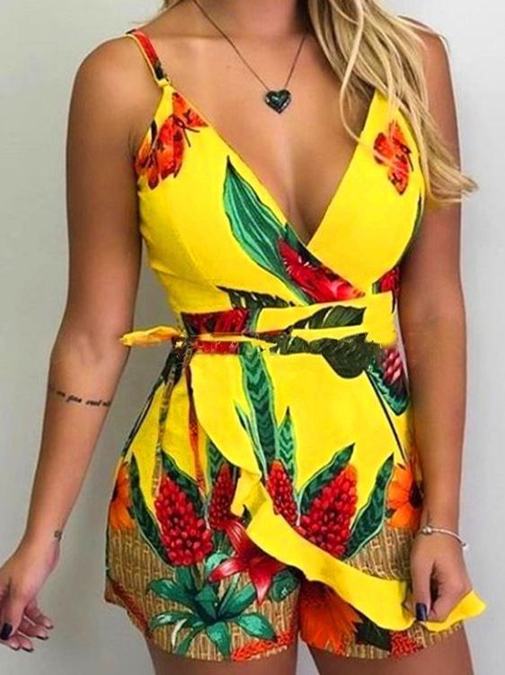 Women's Slim Printed Suspender Shorts Jumpsuit