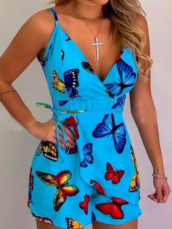 Women's Slim Printed Suspender Shorts Jumpsuit