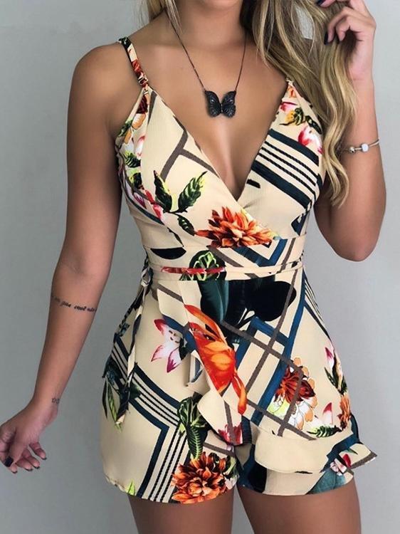 Women's Slim Printed Suspender Shorts Jumpsuit