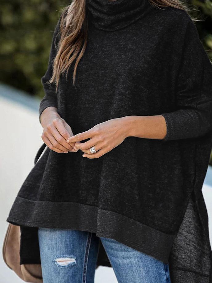 Women's Sweaters Bat Sleeve High Neck Irregular Split Long Sleeve Sweater