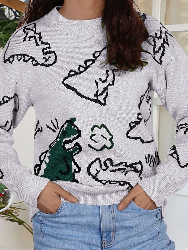 Women's Sweaters Cartoon Dinosaur Round Neck Long Sleeve Sweater