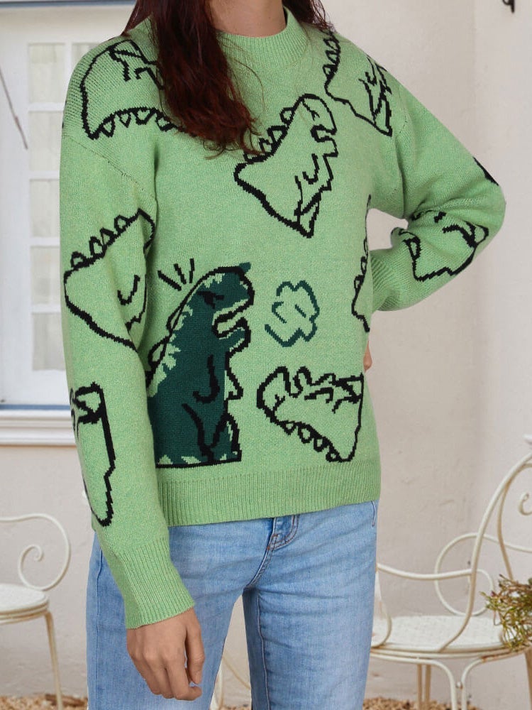Women's Sweaters Cartoon Dinosaur Round Neck Long Sleeve Sweater
