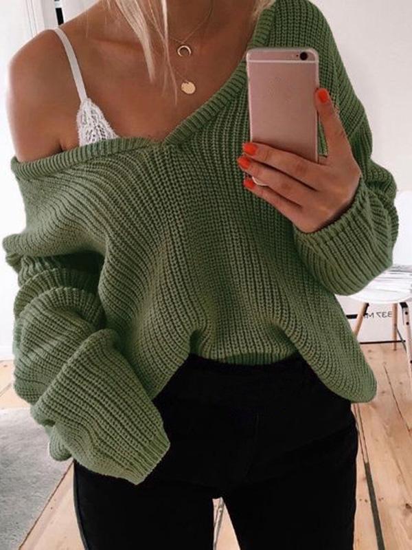 Women's Sweaters Casual Solid V-Neck Long Sleeve Knitted Sweater
