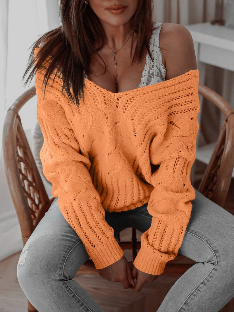 Women's Sweaters Casual V-Neck Off-The-Shoulder Knitted Sweater