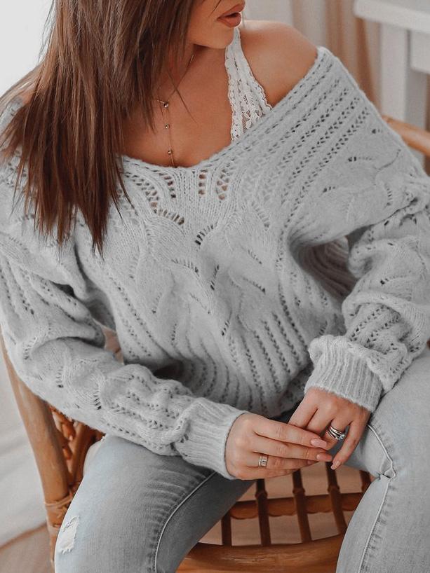 Women's Sweaters Casual V-Neck Off-The-Shoulder Knitted Sweater