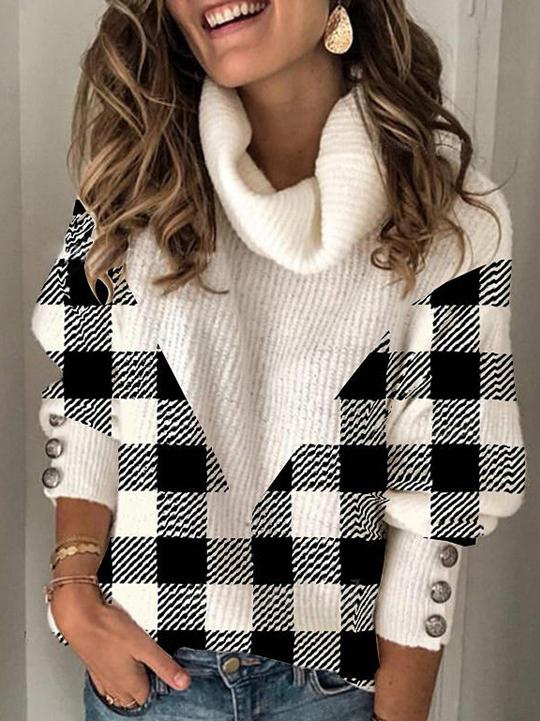 Women's Sweaters Check High Collar Button Pullover Sweater