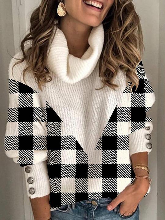 Women's Sweaters Check High Collar Button Pullover Sweater