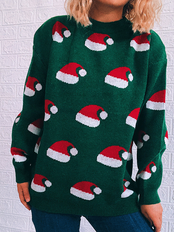 Women's Sweaters Christmas Hat Round Neck Long Sleeve Sweater