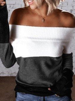 Women's Sweaters Colorblock Long Sleeve Boat Neck Off-Shoulder Sweater