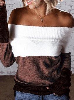 Women's Sweaters Colorblock Long Sleeve Boat Neck Off-Shoulder Sweater