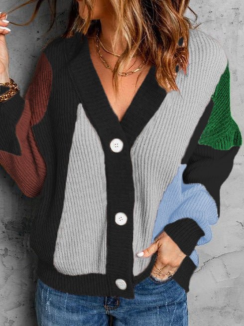 Women's Sweaters Colorblock V-Neck Button Long Sleeve Sweater