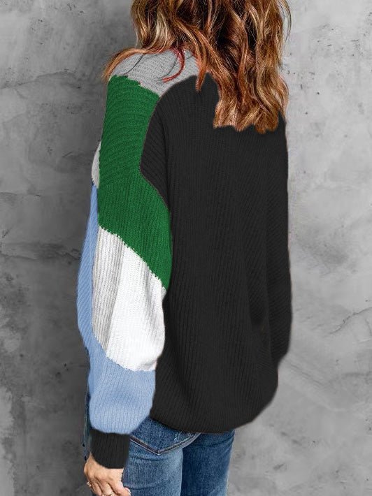 Women's Sweaters Colorblock V-Neck Button Long Sleeve Sweater