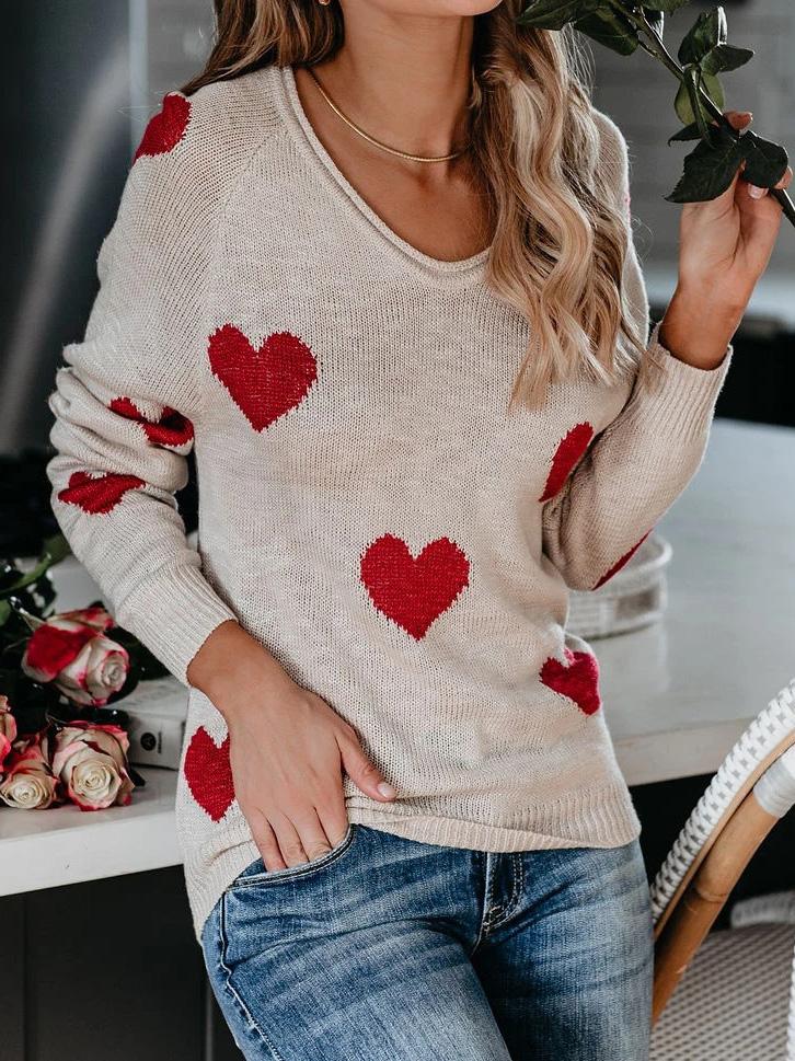 Women's Sweaters Commuter OL Love Printed V-Neck Knit Sweater