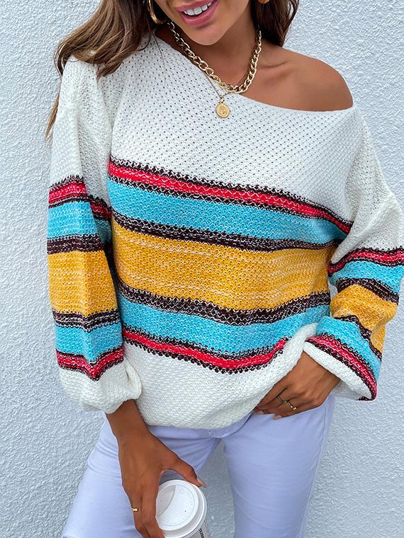 Women's Sweaters Contrasting Color-Neck Rainbow Striped Knitted Sweater