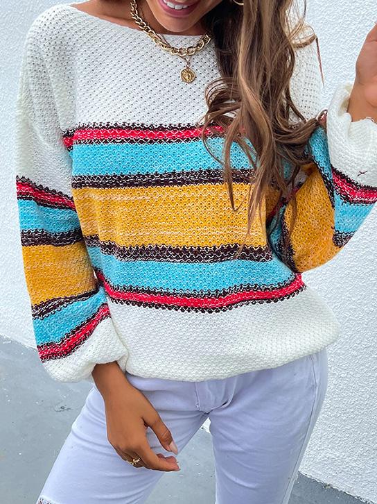 Women's Sweaters Contrasting Color-Neck Rainbow Striped Knitted Sweater