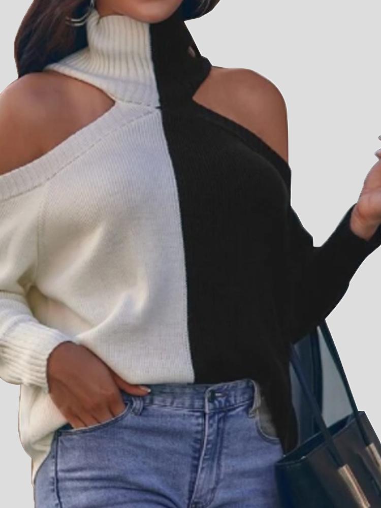 Women's Sweaters Contrasting Off-The-Shoulder High Collar Sweater