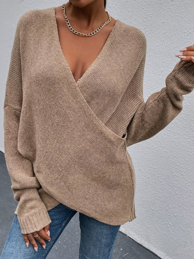 Women's Sweaters Cross V-Neck Long Sleeve Knitted Sweater