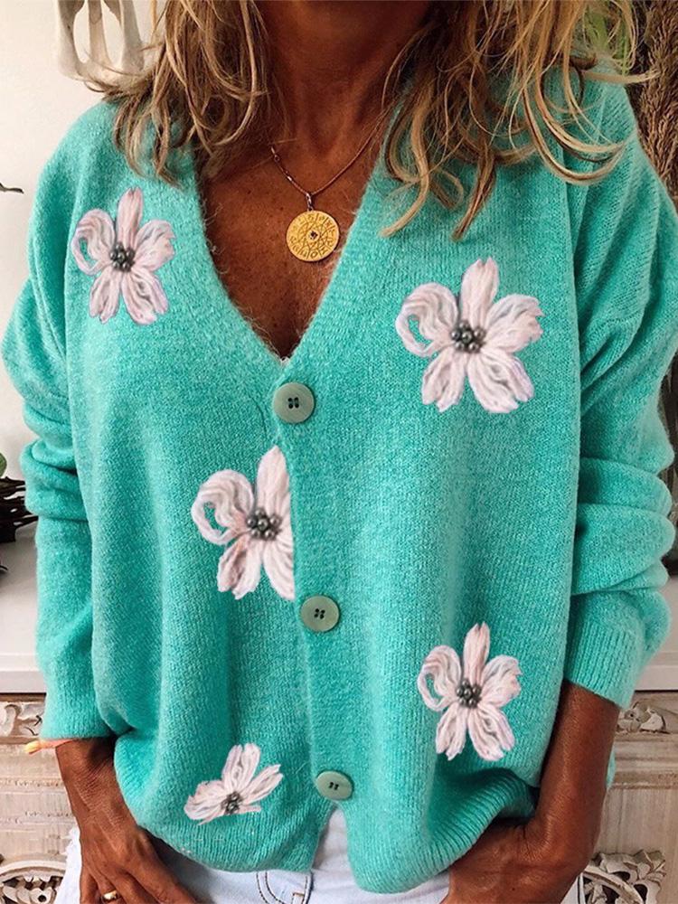 Women's Sweaters Embroidered V-Neck Long Sleeve Cardigan Sweater