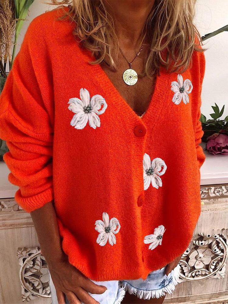 Women's Sweaters Embroidered V-Neck Long Sleeve Cardigan Sweater