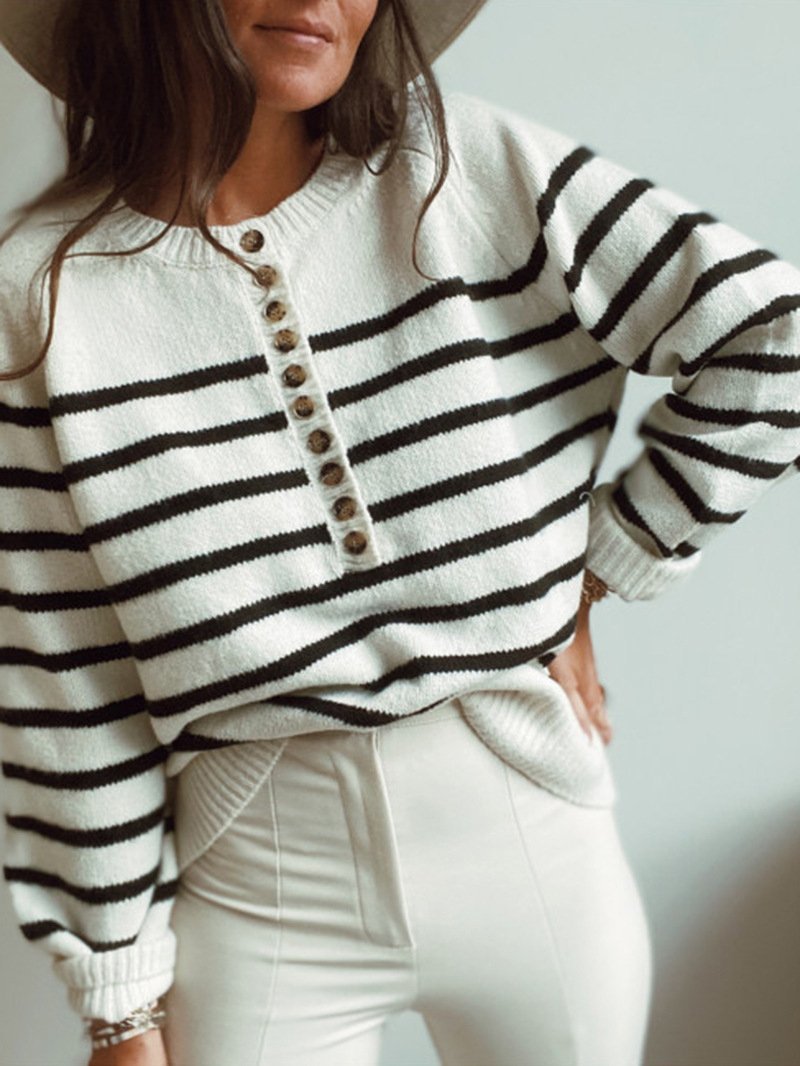 Women's Sweaters Fashion Striped Round Neck Button Sweater