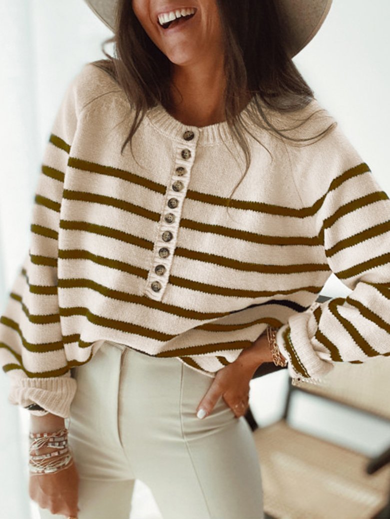 Women's Sweaters Fashion Striped Round Neck Button Sweater