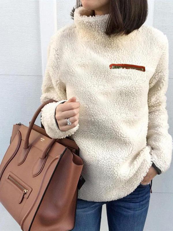 Women's Sweaters Fashion Zipper High Neck Long Sleeve Plush Sweater