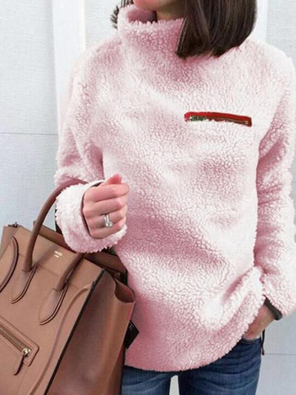 Women's Sweaters Fashion Zipper High Neck Long Sleeve Plush Sweater