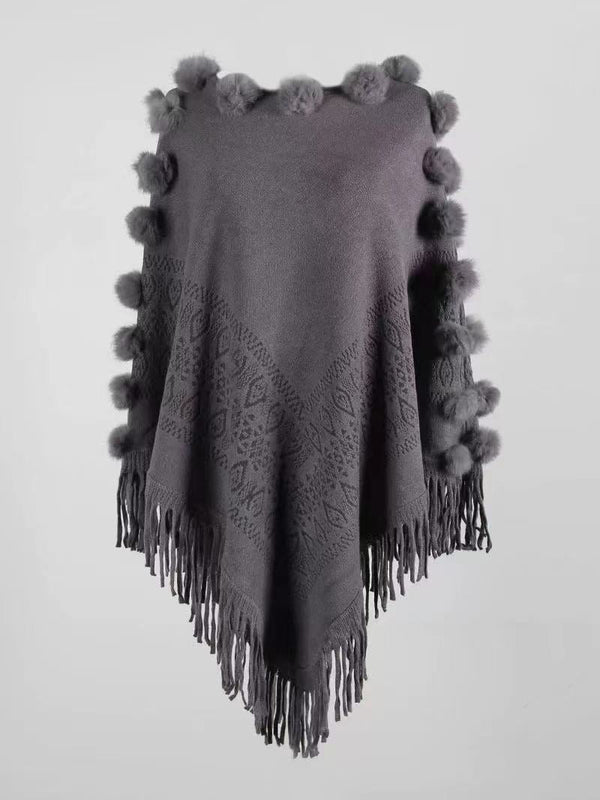 Women's Sweaters Furball Fringed Shawl Pullover Knit Sweater